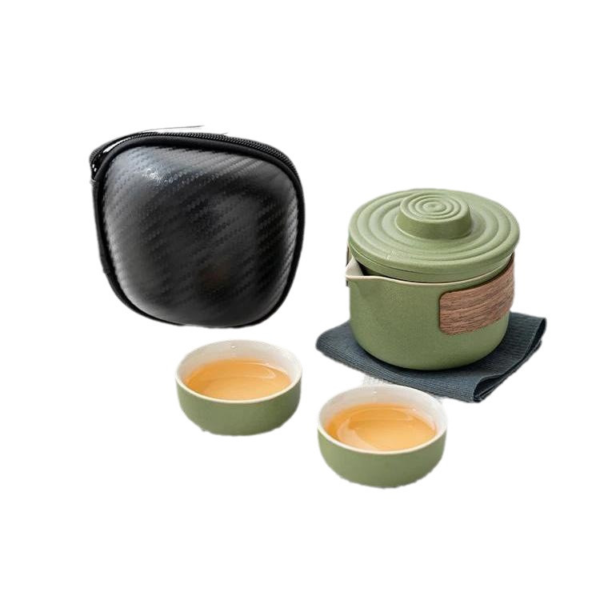 Olive Green Rustic Ceramic Tea Set - Minimalist Outdoor Travel Kung Fu Tea Kit - Image 4