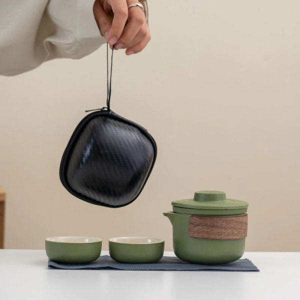 Olive Green Rustic Ceramic Tea Set - Minimalist Outdoor Travel Kung Fu Tea Kit