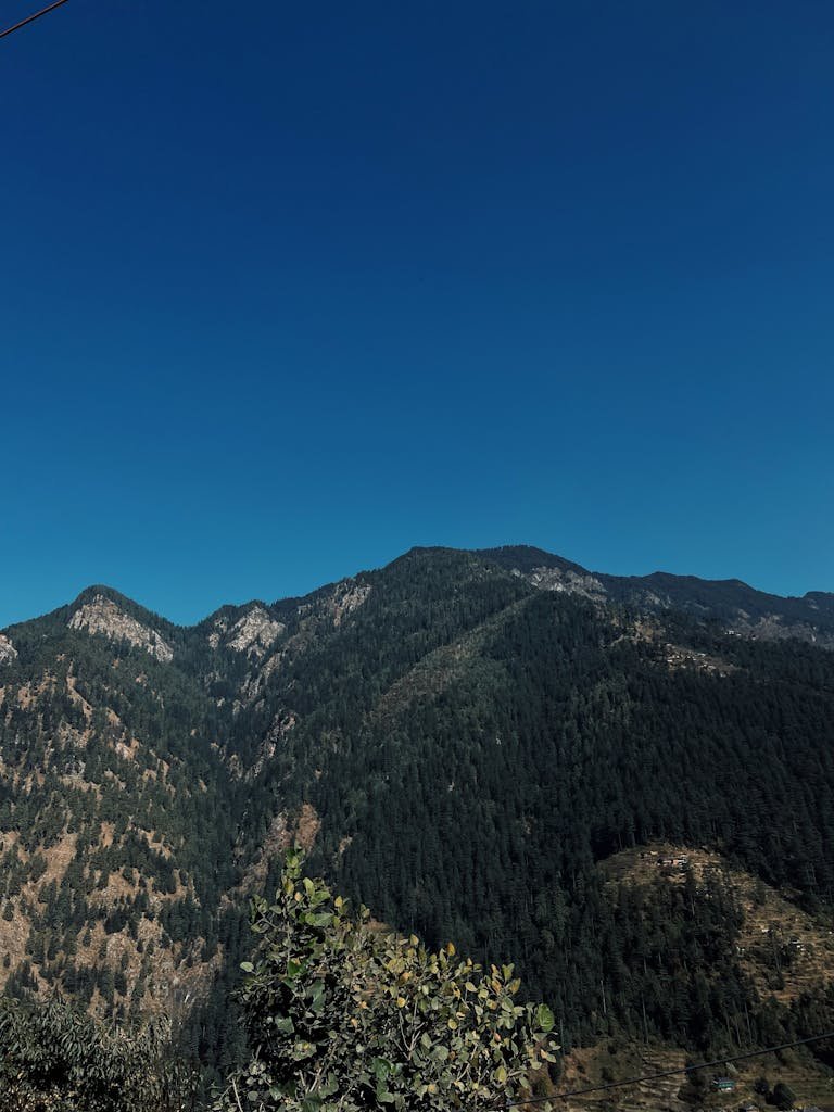 Breathtaking view of a lush mountain range against a clear blue sky, ideal for nature enthusiasts.